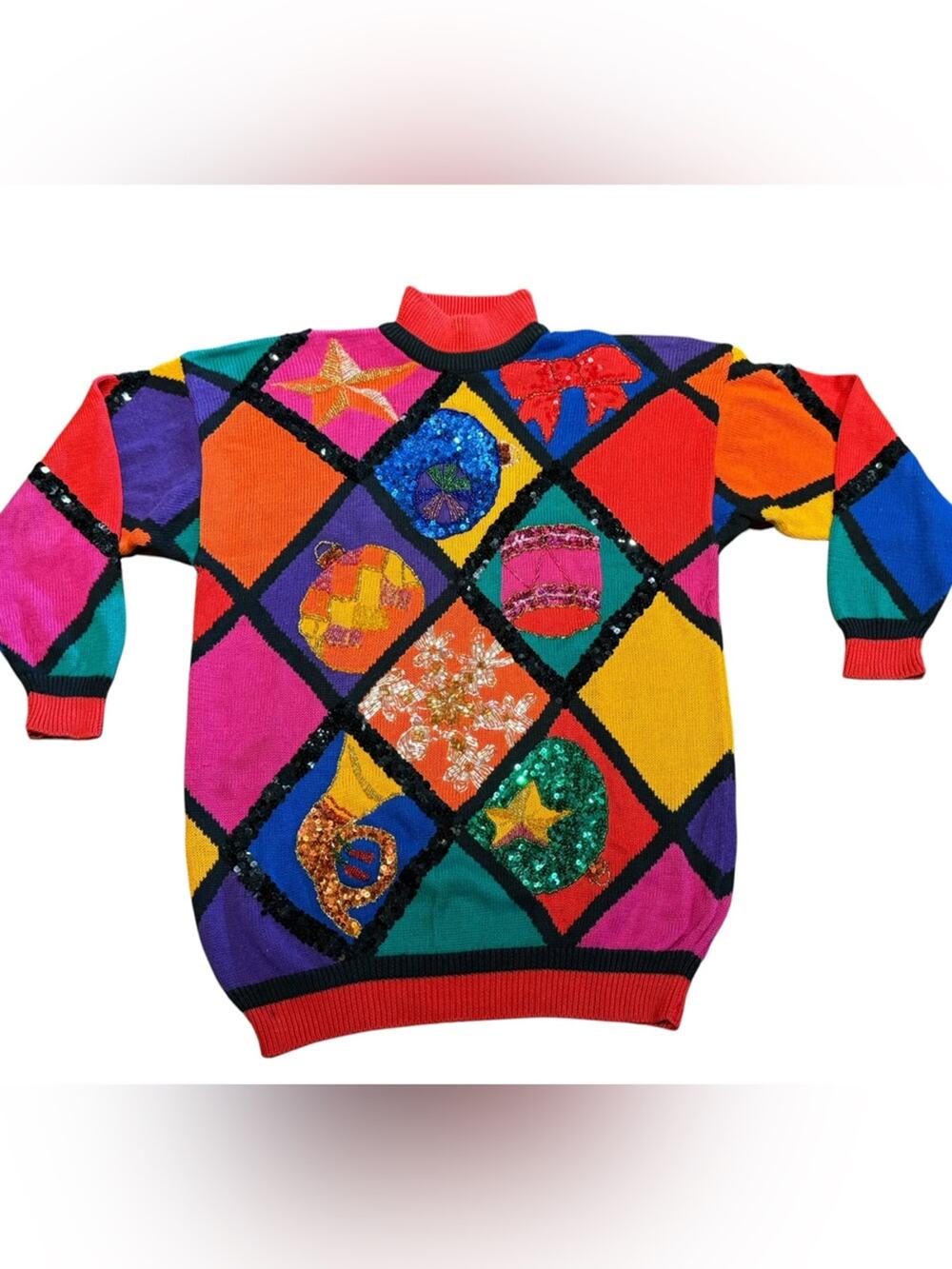 Vintage IB Diffusion Colorful Sequin Christmas Patchwork Sweater Womens Large